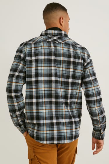 Uomo - Camicia di flanella - regular fit - collo all'italiana - a quadretti - verde scuro / grigio