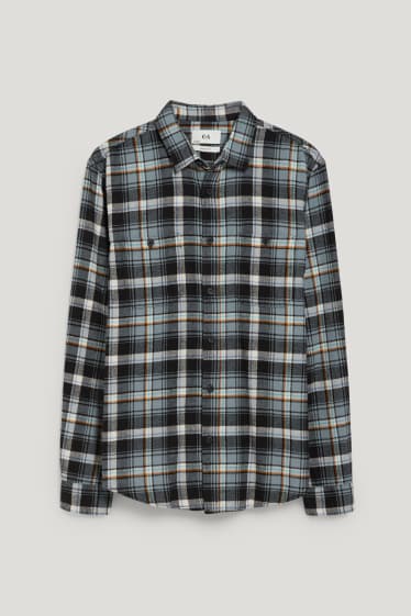 Uomo - Camicia di flanella - regular fit - collo all'italiana - a quadretti - verde scuro / grigio