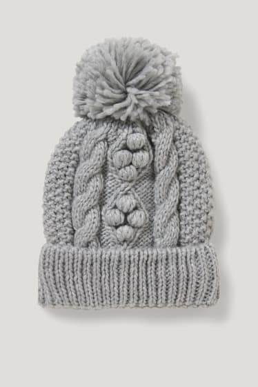 Filles - Bonnet en maille - motif tressé - gris clair chiné