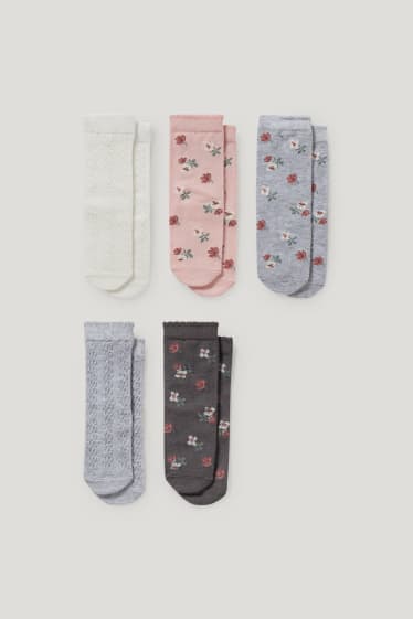 Baby Girls - Wielopak, 5 par - w kwiatki - skarpety niemowlęce z motywem - szary / jasnoróżowy