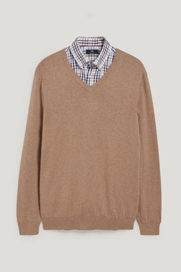 Herren - Pullover und Hemd - Regular Fit - bügelleicht - recycelt - braun / beige