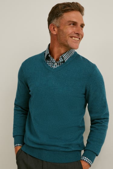 Herren - Pullover und Hemd - Regular Fit - bügelleicht - recycelt - dunkelgrün / weiß