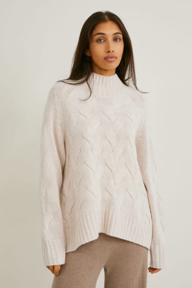 Dames - Trui van kasjmier - kabelpatroon - beige-mix