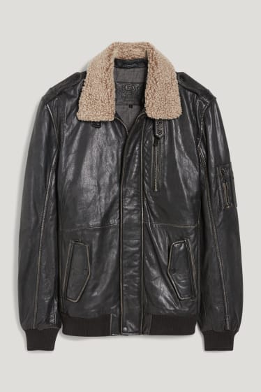 Men - Leather bomber jacket - black