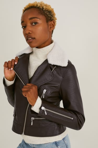 Femmes - Blouson motard - similicuir - marron foncé