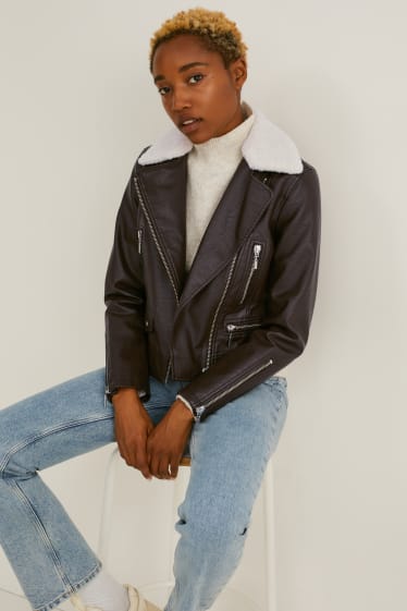 Femmes - Blouson motard - similicuir - marron foncé