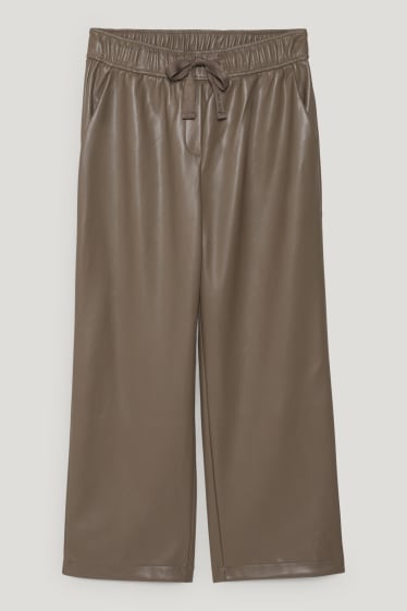 Femmes - Pantalon - mid waist - wide leg - similicuir - marron foncé