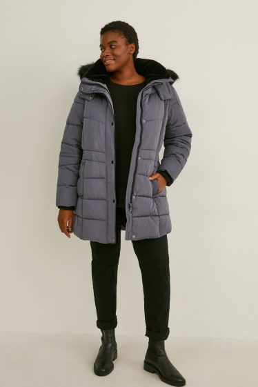 Donna - Cappotto trapuntato con cappuccio e riporto di ecopelliccia. - grigio
