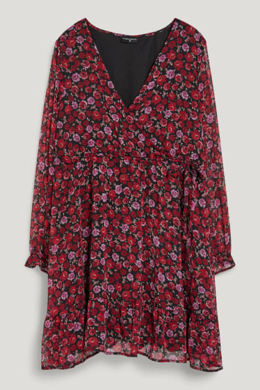 Kobiety XL - CLOCKHOUSE - sukienka z szyfonu - w kwiatki - czerwony / czarny