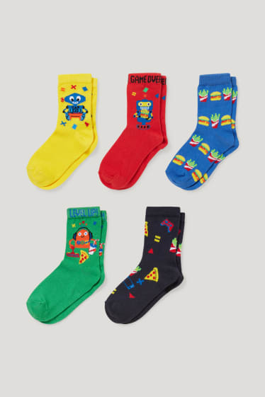 Exclu web - Lot de 5 paires - robots et fastfood - chaussettes à motif - rouge