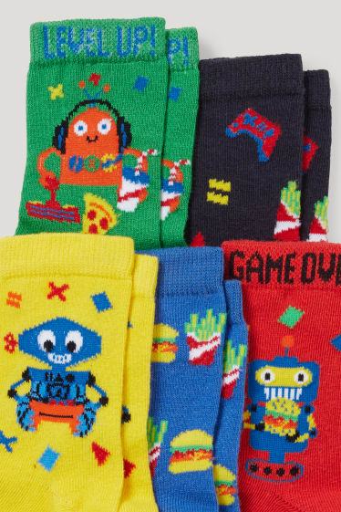 Exclu web - Lot de 5 paires - robots et fastfood - chaussettes à motif - rouge