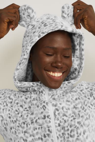 Dames - Jumpsuitpyjama van fleece - met patroon - wit / grijs
