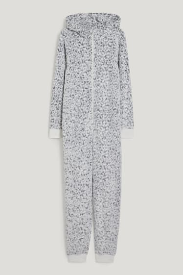Dames - Jumpsuitpyjama van fleece - met patroon - wit / grijs
