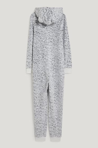 Dames - Jumpsuitpyjama van fleece - met patroon - wit / grijs