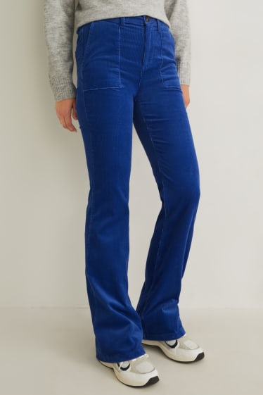 Dames - Broek van corduroy - high waist - wide flare - blauw