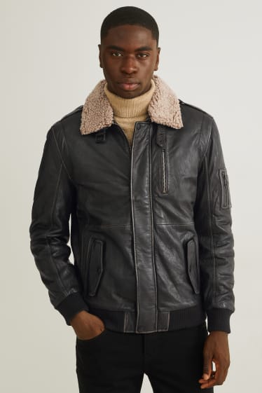 Men - Leather bomber jacket - black