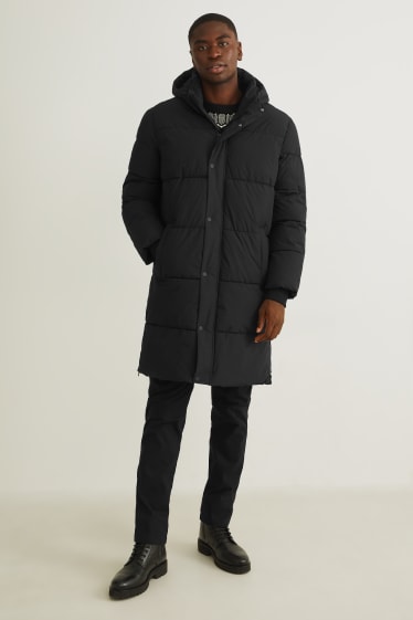 Pánské - Prošívaný kabát s kapucí - černá