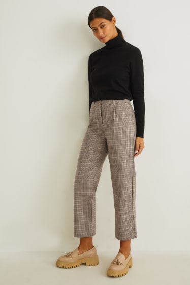 Donna - Pantaloni di stoffa - vita alta - regular fit - da materiali riciclati - a quadretti - marrone chiaro