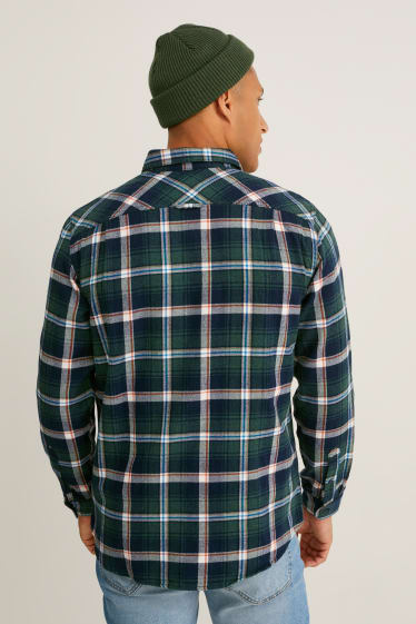 Uomo - Camicia di flanella - regular fit - collo all'italiana - quadretti - verde scuro / bianco crema