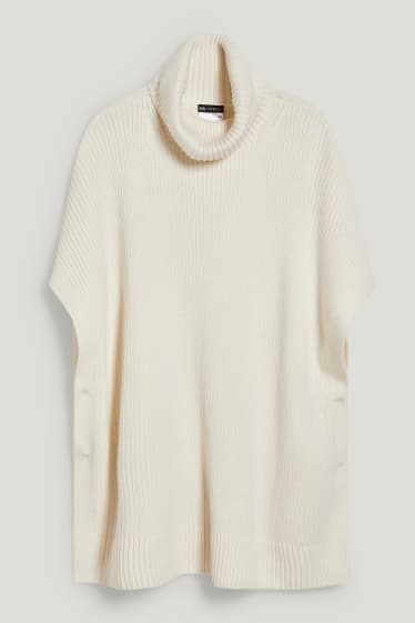Dames - Gebreide poncho, deels van kasjmier - crème wit