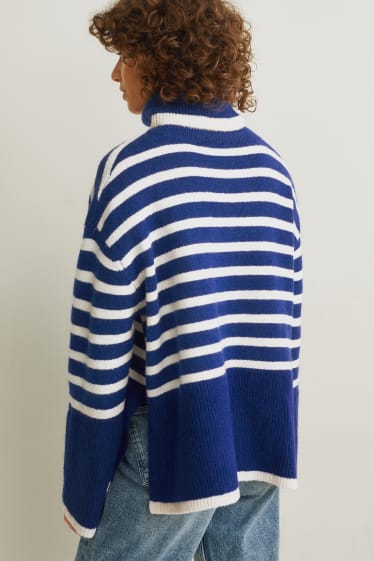 Women - Polo neck jumper - striped - dark blue / white