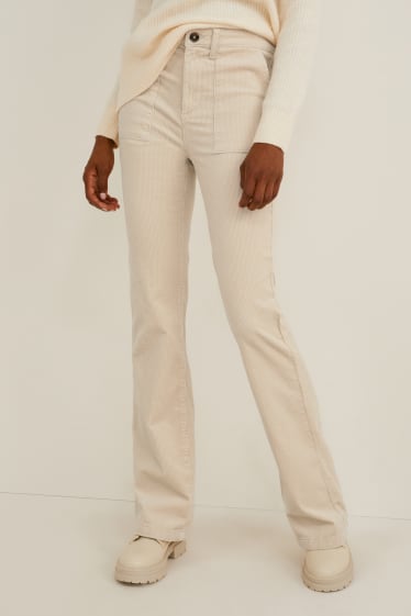 Dames - Broek van corduroy - high waist - wide flare - crèmekleurig