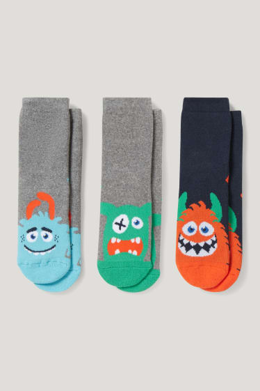 Toddler Boys - Confezione da 3 - mostro - calze antiscivolo con motivo - blu scuro