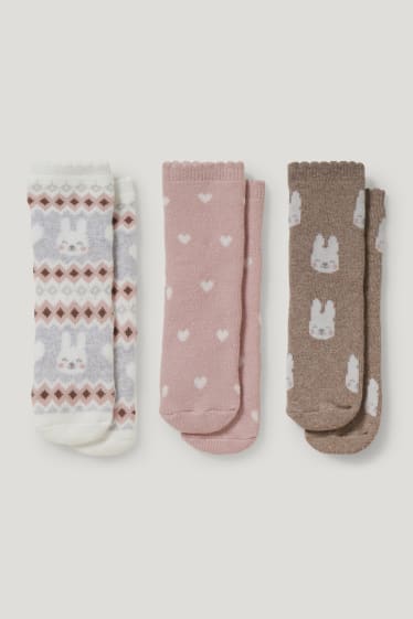 Bébé filles - Lot de 3 paires - petits lapins - chaussettes antidérapantes à motif pour bébé - blanc / rose