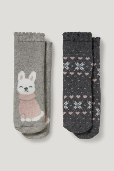 Bébé filles - Lot de 2 paires - chien - chaussettes antidérapantes à motif pour bébé - gris chiné