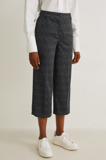 Donna - Pantaloni di stoffa - vita alta - gamba ampia - da materiali riciclati - a quadretti - grigio scuro