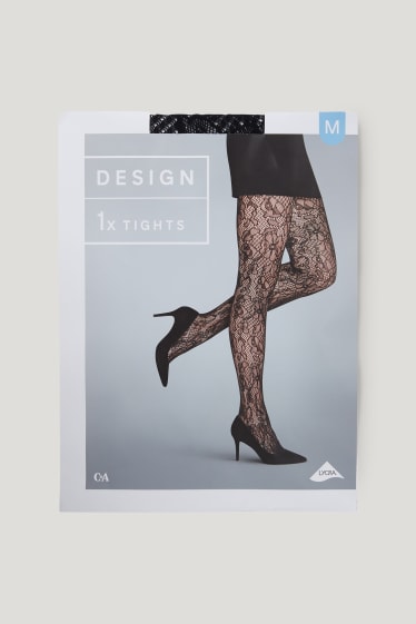 Damen - Feinstrumpfhose - LYCRA® - geblümt - schwarz