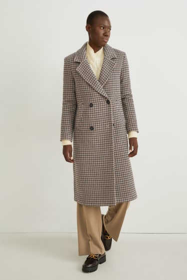 Femmes - Manteau à épaulettes - laine mélangée - à carreaux - beige