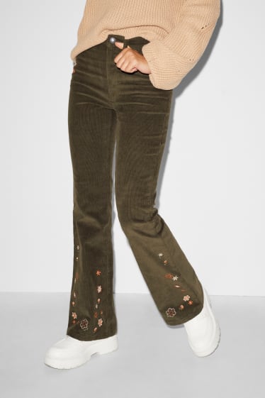 Clockhouse Girls - CLOCKHOUSE - broek van corduroy - high waist - flared - gebloemd - groen