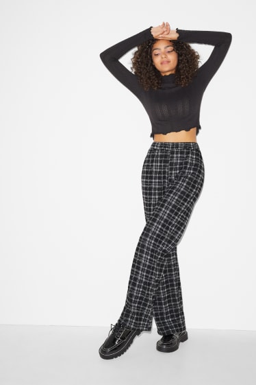 Online exclusive - CLOCKHOUSE - cloth trousers - mid-rise waist - palazzo - check - black / white