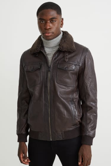 Men - Leather jacket with faux fur trim - dark brown