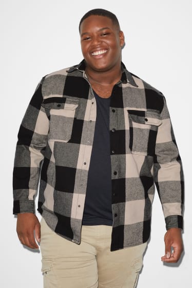Exclu web - CLOCKHOUSE - veste-chemise en flanelle - coupe relax - col kent - à carreaux - noir / beige