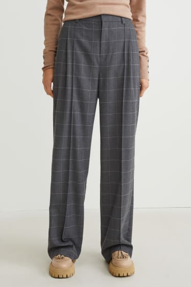 Donna - Pantaloni di stoffa - vita alta - gamba ampia - a quadretti - grigio scuro