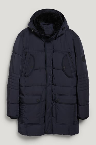 Men - Parka with hood and faux fur trim - winter - dark blue