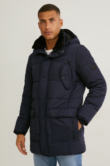 Men - Parka with hood and faux fur trim - winter - dark blue