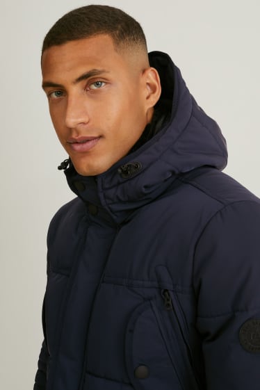 Men - Parka with hood and faux fur trim - winter - dark blue