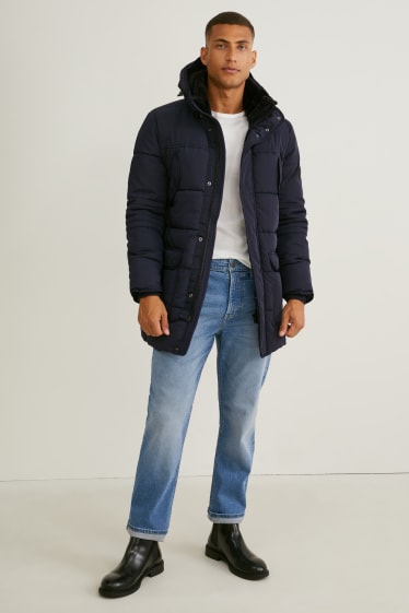 Men - Parka with hood and faux fur trim - winter - dark blue