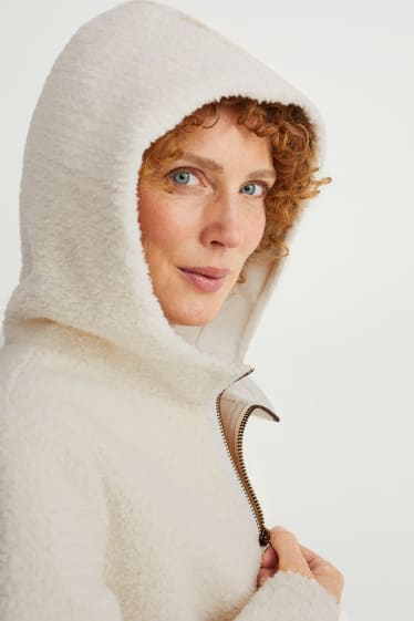 Damen - Teddy-Mantel mit Kapuze - cremeweiss