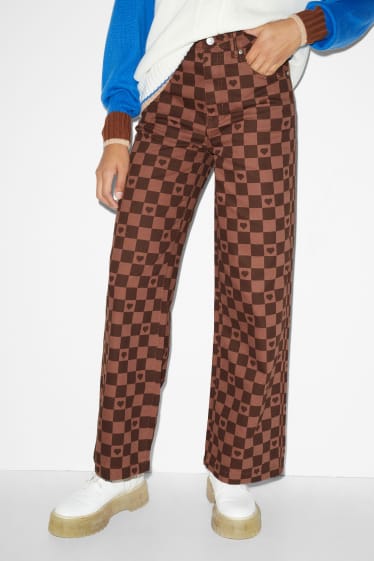 Clockhouse Girls - CLOCKHOUSE - spodnie - wysoki stan - wide leg - w kratkę - brązowy