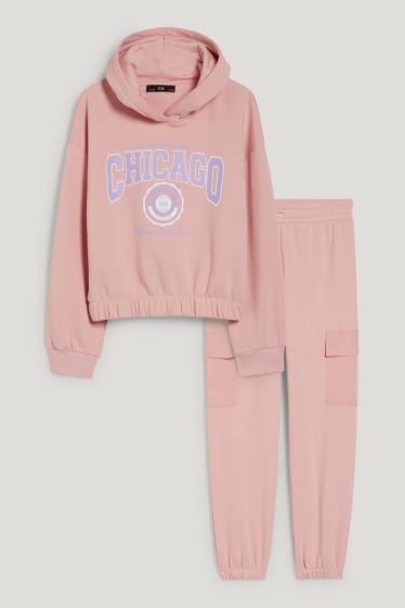 Bambine: - Set - felpa con cappuccio e pantaloni sportivi - 2 pezzi - rosa