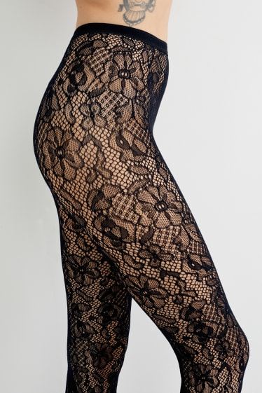 Damen - Feinstrumpfhose - LYCRA® - geblümt - schwarz