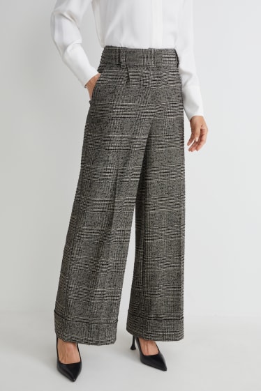 Donna - Pantaloni di stoffa - vita alta - gamba ampia - a quadretti - nero / grigio