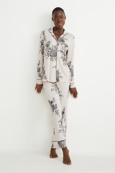 Femmes - Pyjama - à fleurs - beige chiné