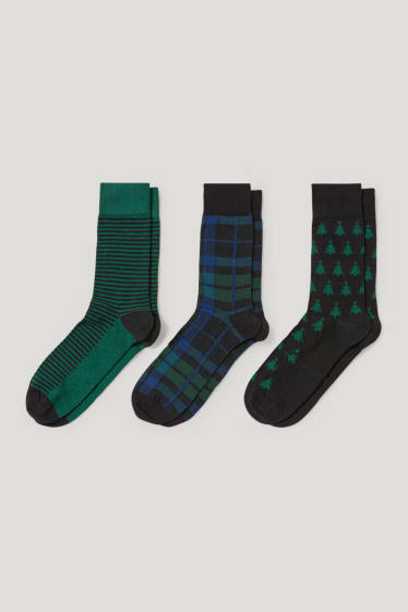 Hommes - Lot de 3 paires - chaussettes de Noël à motif - coton bio - vert foncé / noir