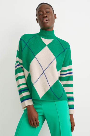 Mujer - Jersey - reciclado - de cuadros - verde / blanco roto