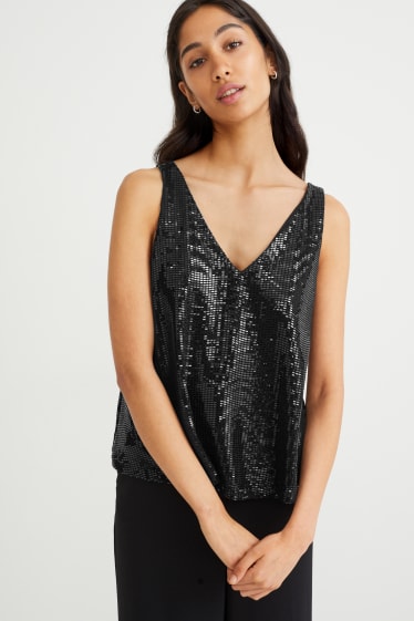 Dames - Top met pailletten - glanzend - zwart